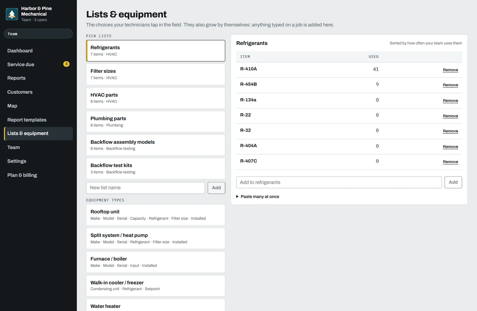 Company lists of parts, products and equipment types