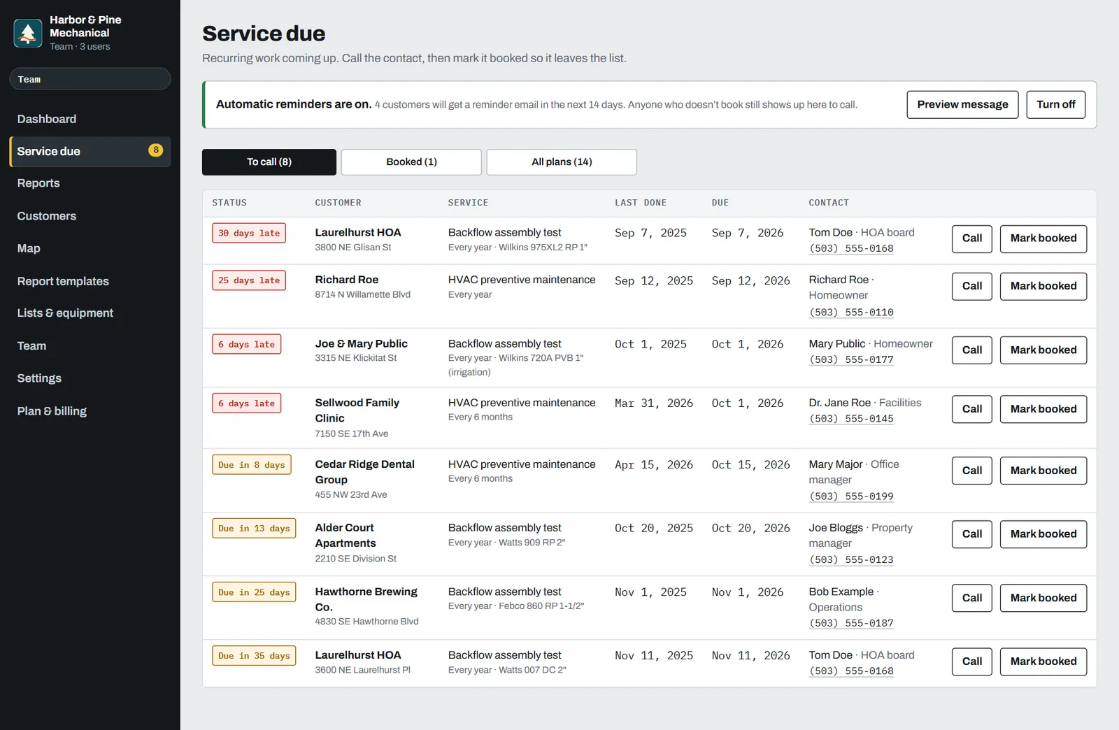 Service due list with contacts, call buttons and overdue status
