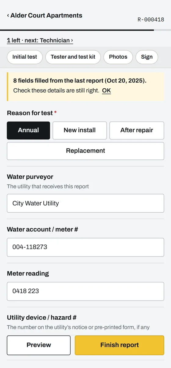 Backflow test form on a phone