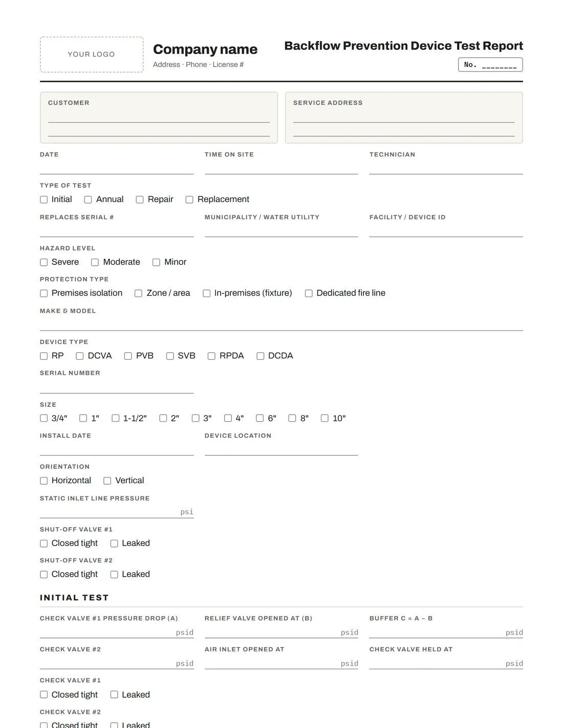 Blank Canadian backflow test report (CSA B64.10)