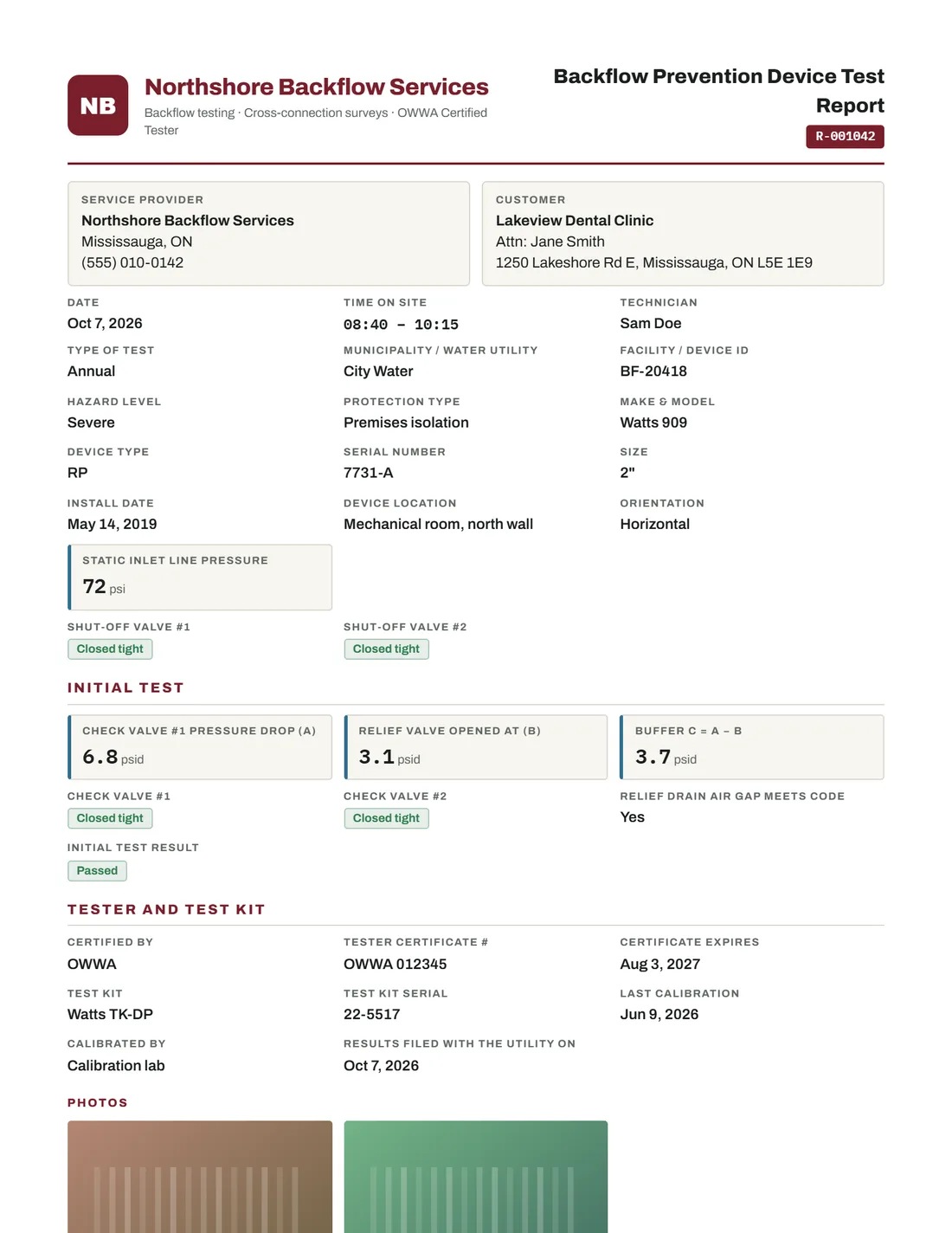 Example Backflow Prevention Device Test Report made in Stampario