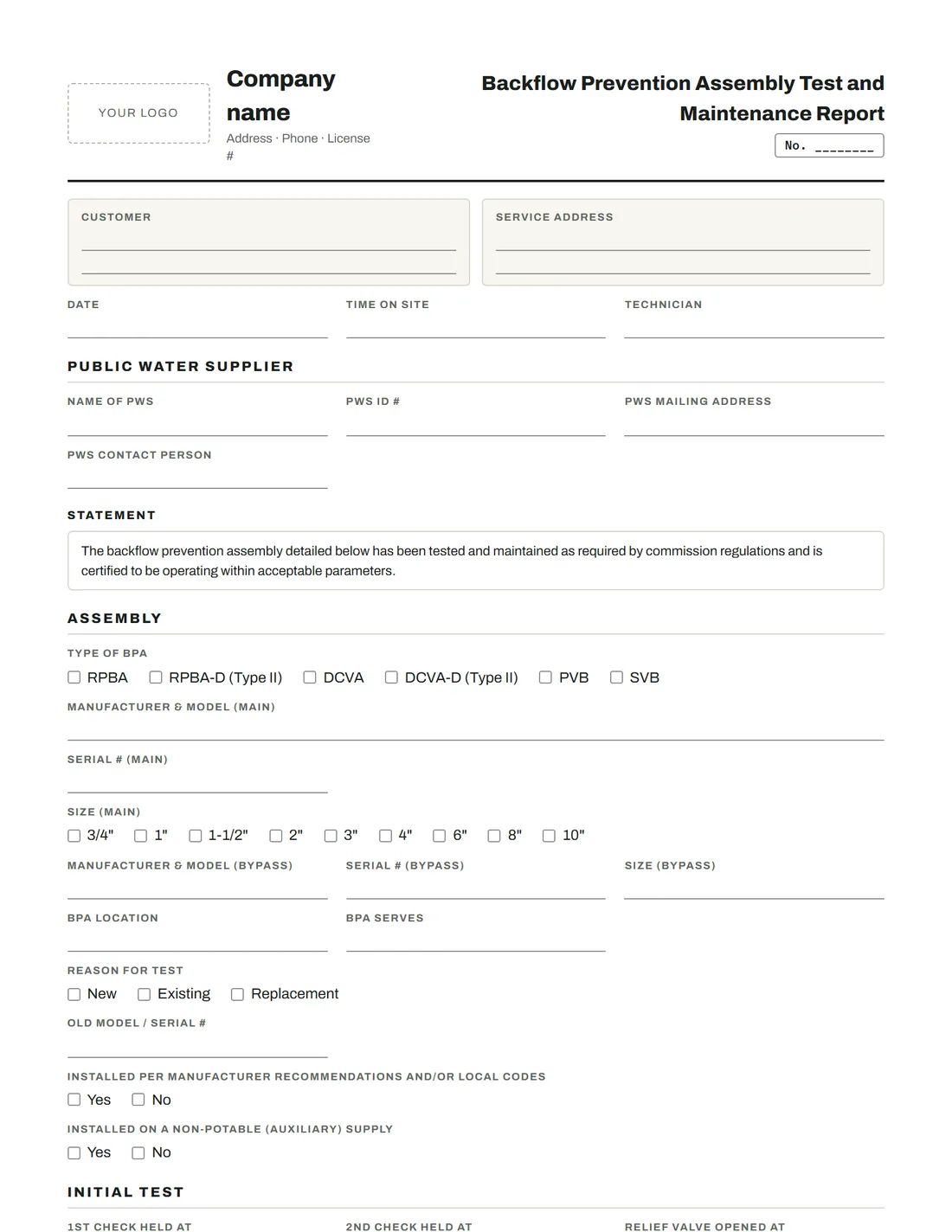 Blank Texas TCEQ-20700 backflow test report