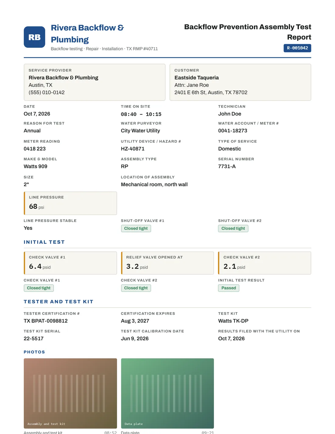 Backflow prevention assembly test report with readings, photos, signatures and company stamp