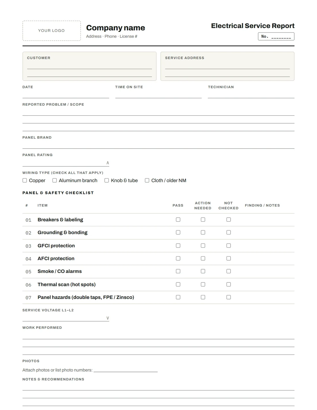 Blank Electrical service report template