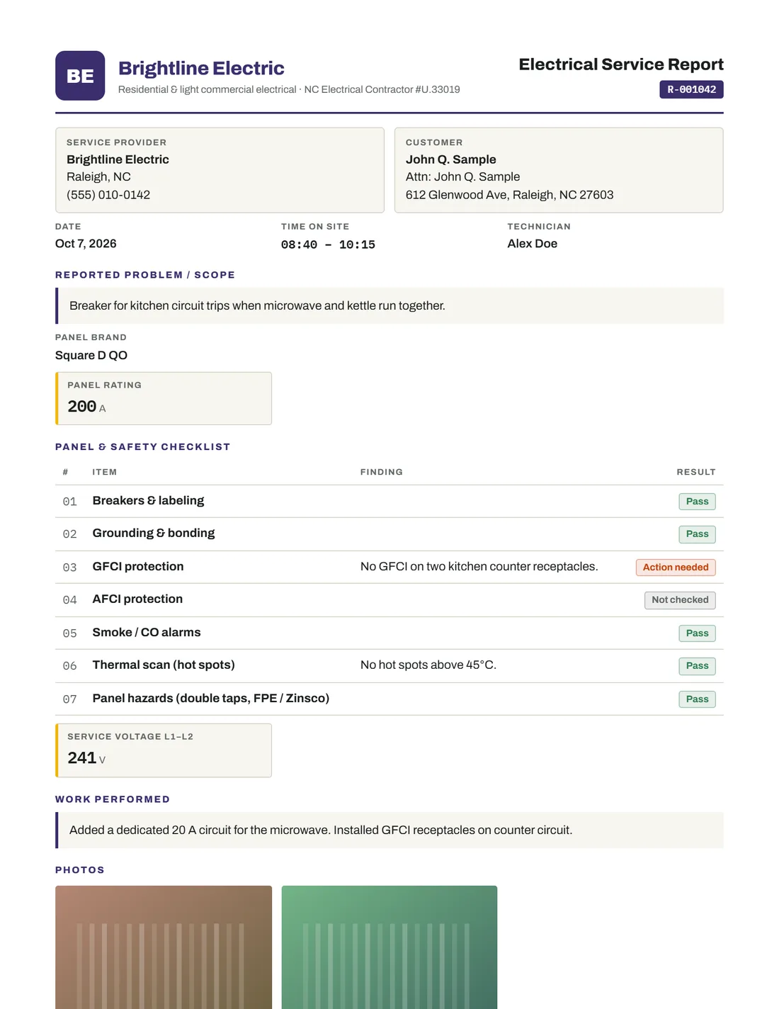 Electrical Service Report example, page 1