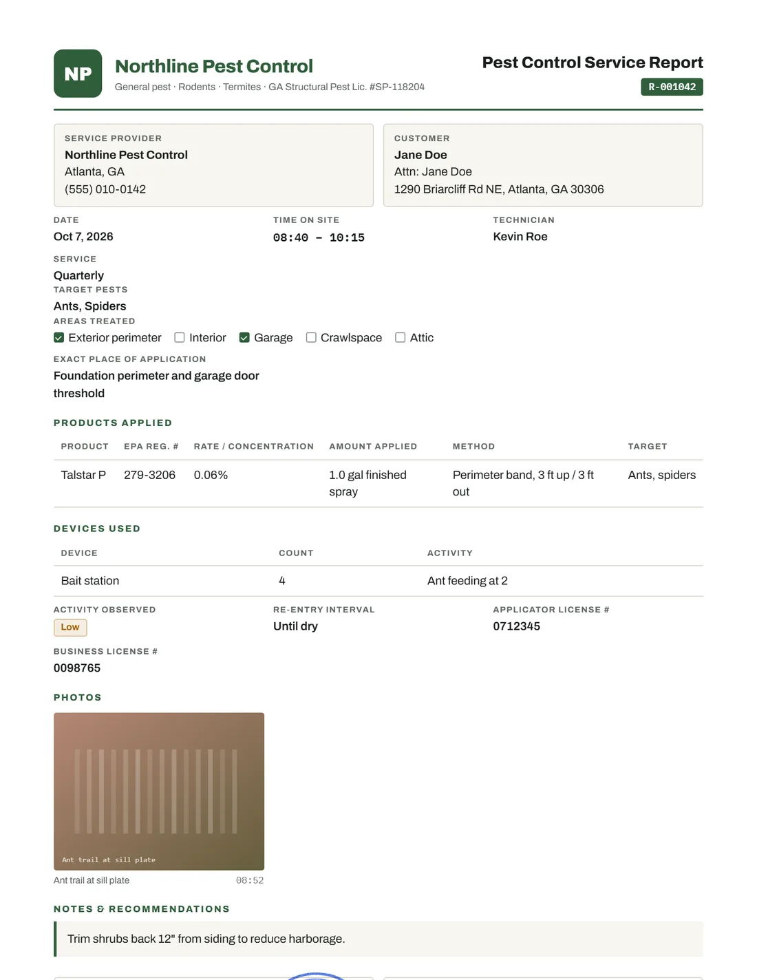 Pest Control Service Report example, page 1