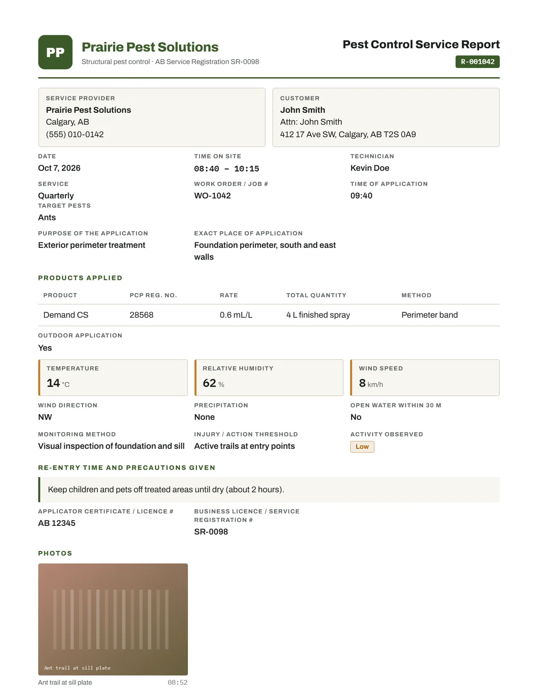 Example Pest Control Service Report made in Stampario