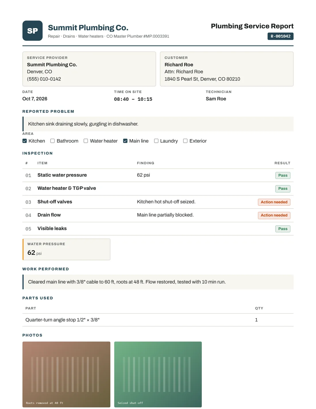 Plumbing Service Report example, page 1
