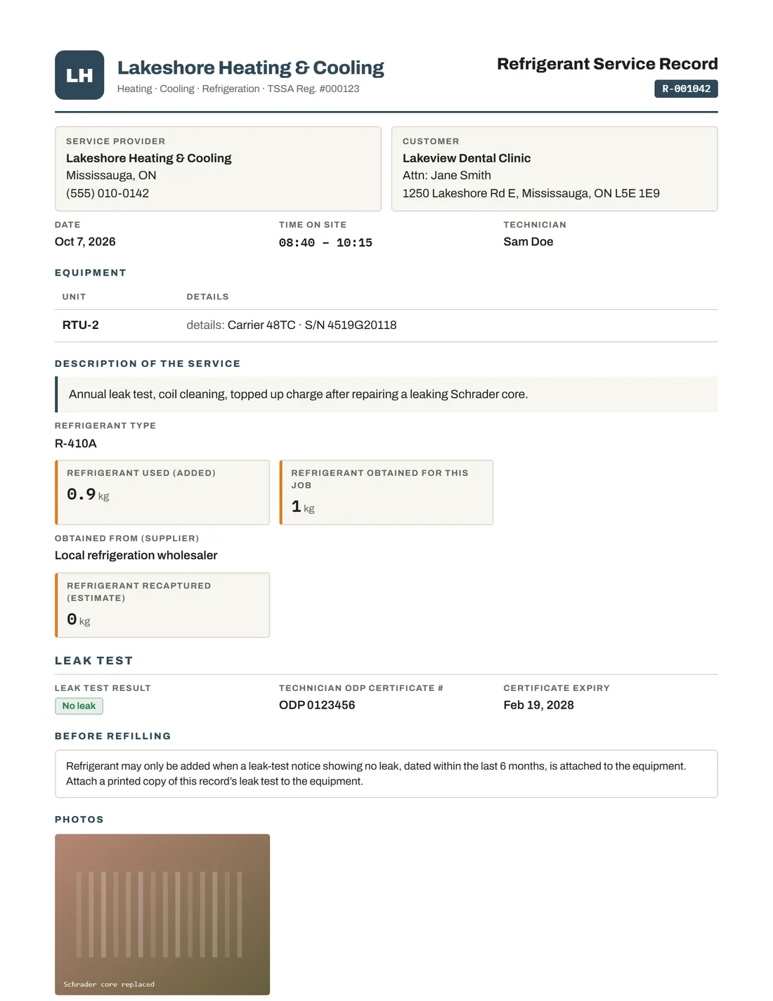 Example Refrigerant Service Record made in Stampario